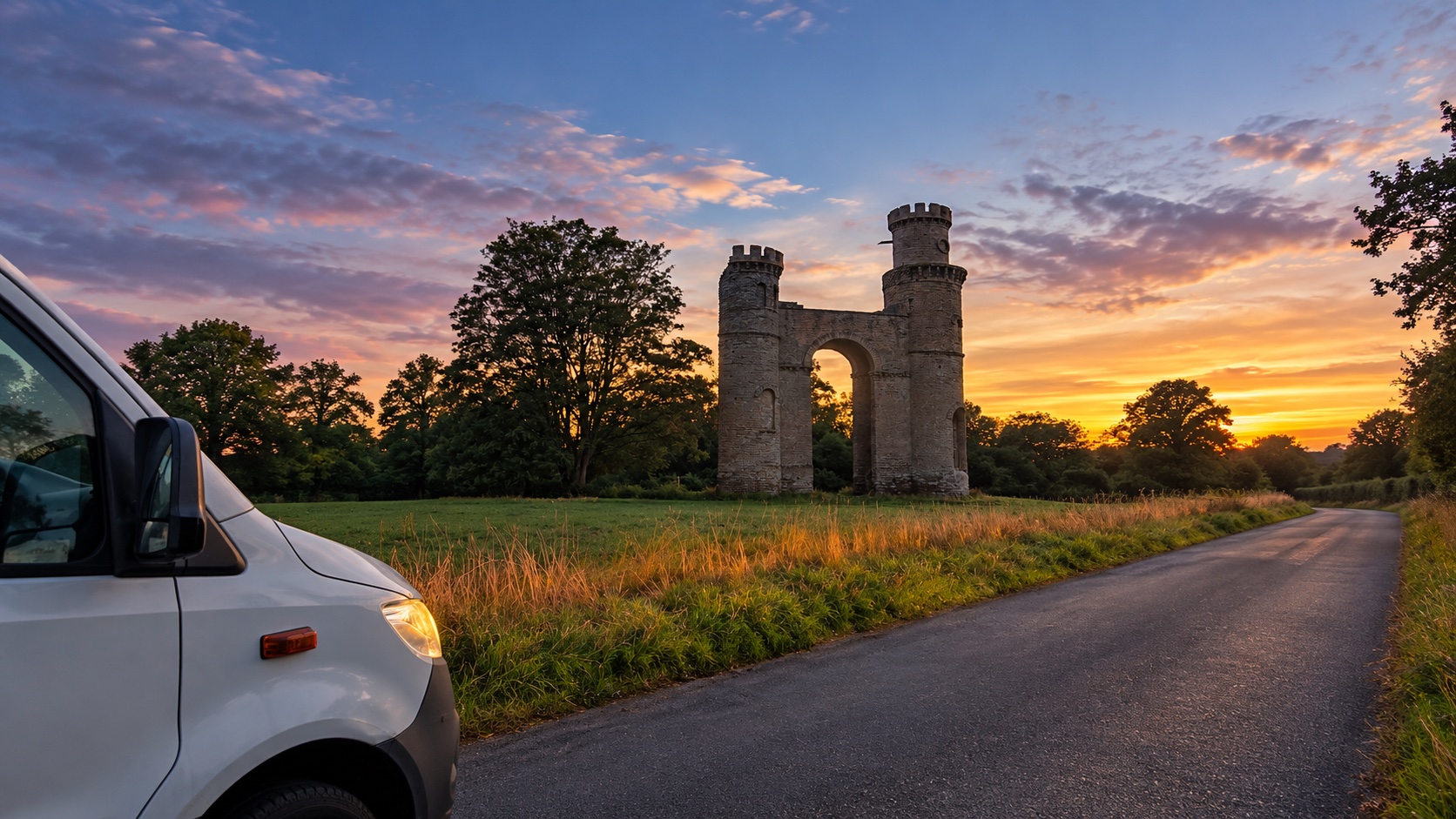 A delivery van beside a stone arch on a quiet country road at sunset